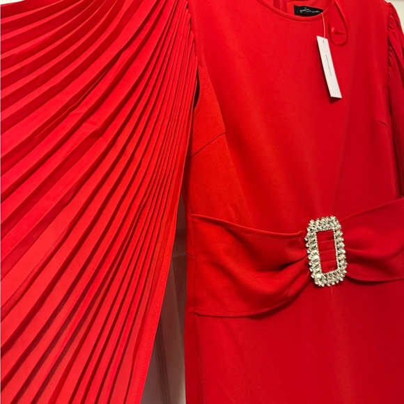 Red Sheath Dress with Bishop Sleeves and Embellished Buckle - Picture 4 of 16